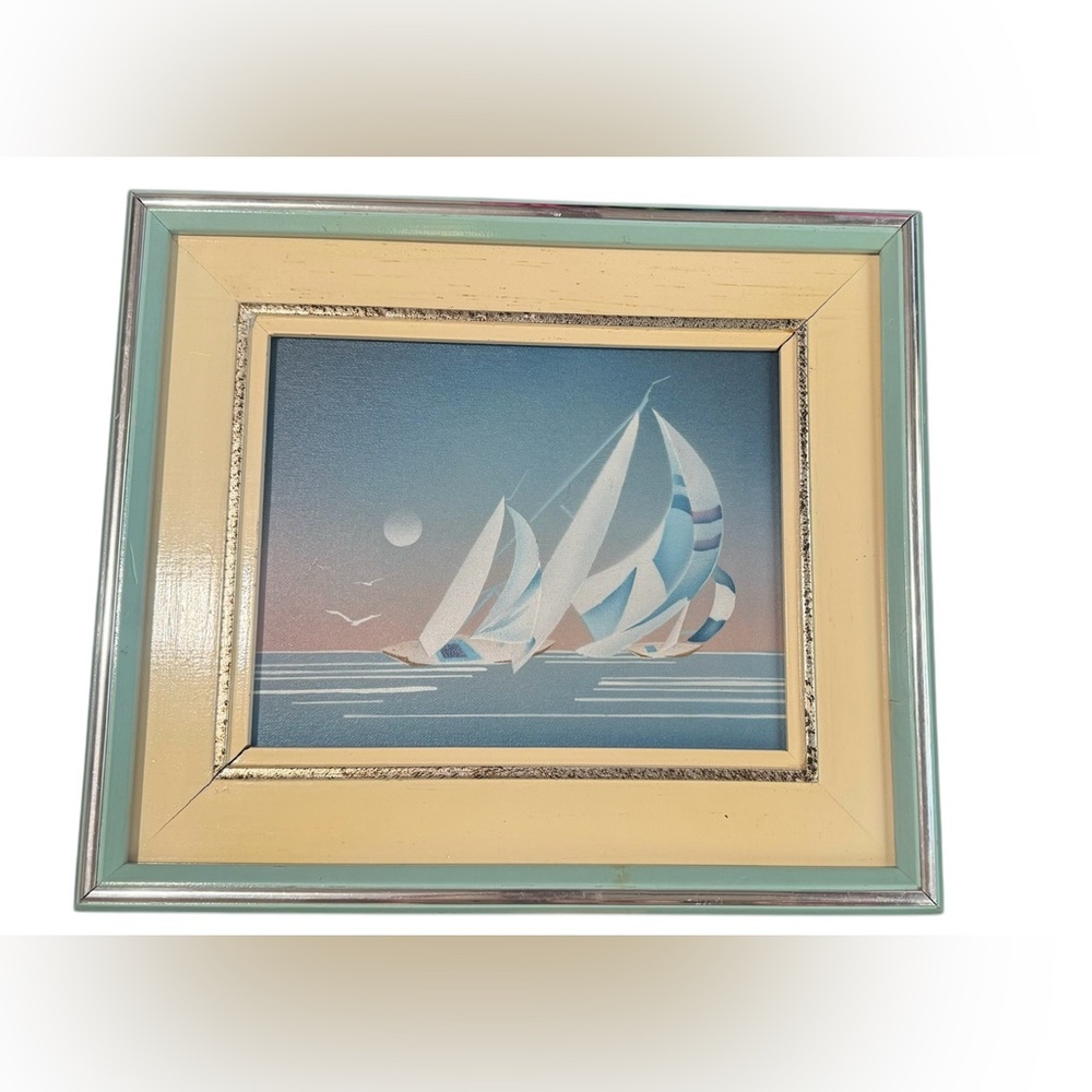 Vtg small Sailboat painting print. Wooden frame
